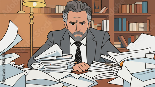 Man sits at desk surrounded by piles of papers in office during daytime trying to organize work