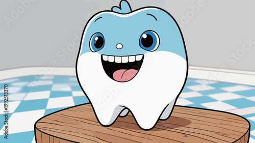 Cartoon tooth character smiles on a wooden surface in a bright office setting during the day