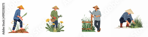 Set of flat illustrations featuring Asian farmers and gardeners in conical hats performing various agricultural tasks like harvesting, pruning, and cutting grass.