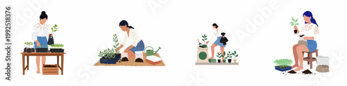 Flat Vector Illustrations of Women Engaged in Various Gardening and Planting Activities with Seedlings