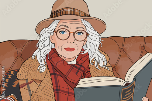 Woman reading book in cozy chair with warm blanket during daytime in indoor setting with neutral background