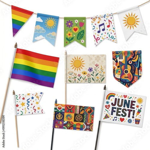 A collection of colorful flags and banners with various designs and patterns for celebration and festivity