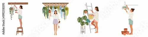 Set of flat illustrations showing a young woman caring for and hanging various indoor house plants and macrame hangers in a stylish home setting.
