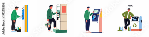 Set of illustrations featuring a man using automated recycling machines to deposit plastic bottles, promoting environmental sustainability and a green lifestyle.