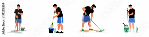 Vector illustrations of a man performing various floor cleaning tasks with a mop, bucket, and cleaning supplies on a white background.