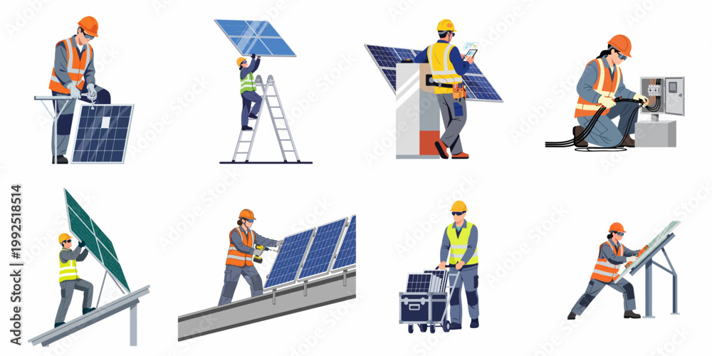 Fototapeta premium Professional Solar Panel Installers and Technicians Working on Renewable Energy Systems Illustration Set
