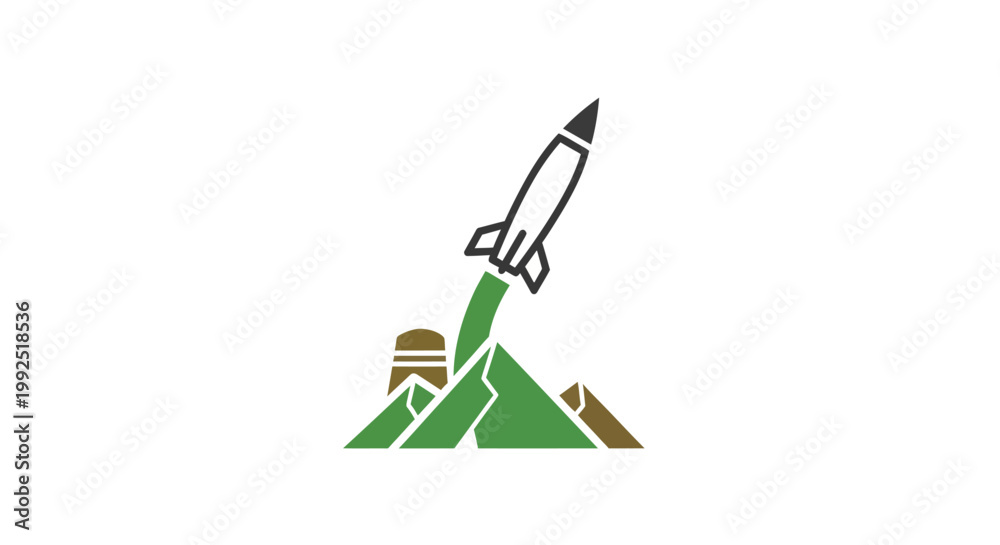 Fototapeta premium Rocket Launching from Mountainous Terrain with Structures.