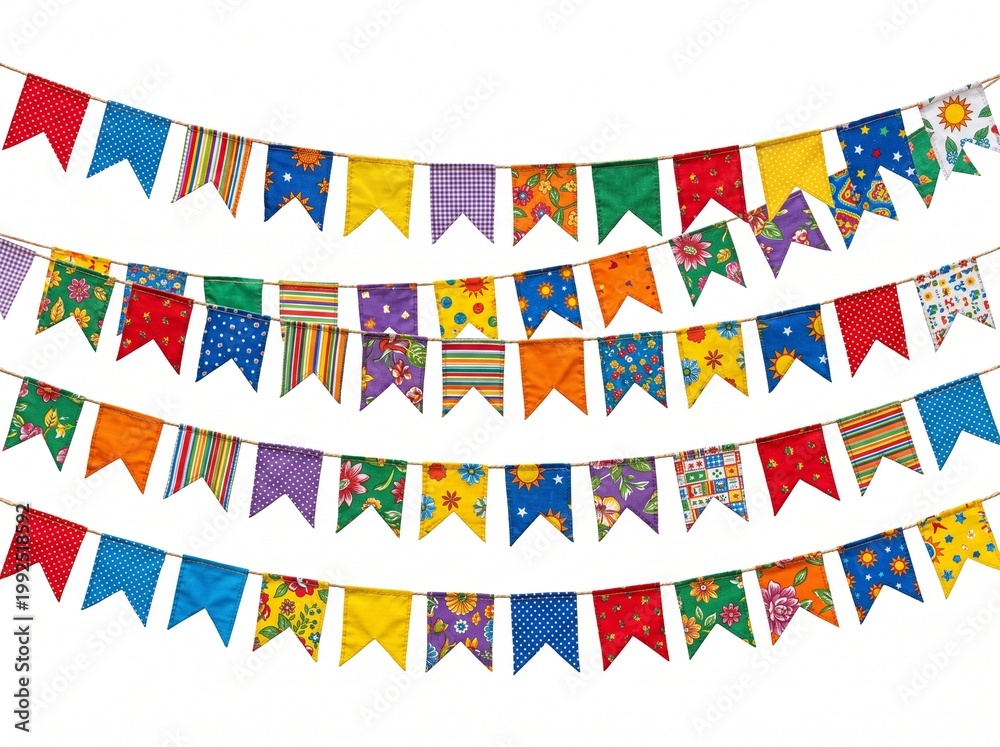 Obraz premium A colorful banner with many small flags hanging from strings on a white background