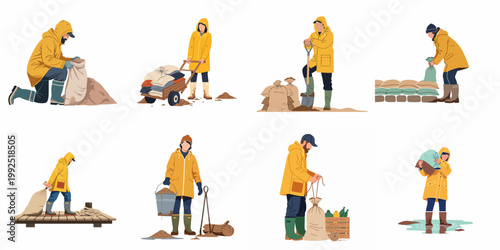 Set of people in yellow raincoats filling and stacking sandbags to prevent flooding during a natural disaster or emergency situation.
