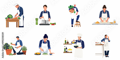Collection of professional chefs and home cooks engaged in various culinary activities like chopping, stirring, kneading, and harvesting fresh ingredients.