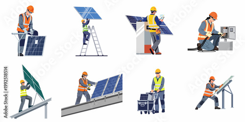 Professional Solar Panel Installers and Technicians Working on Renewable Energy Systems Illustration Set