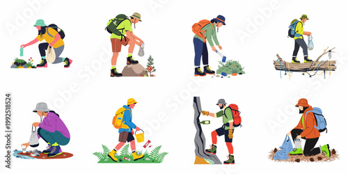 Illustration Set of Diverse Hikers Cleaning Up Trash in Nature, Picking Up Plastic Bottles and Cans to Protect the Environment
