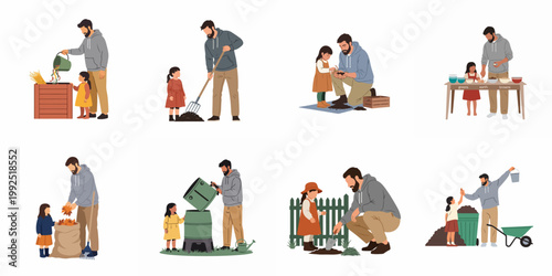 Set of illustrations showing a father and daughter practicing composting, gardening, and organic waste management for an eco-friendly lifestyle.