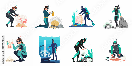 Flat vector illustration set of marine biologists and scuba divers conducting underwater research, studying coral reefs, and collecting samples for scientific analysis.