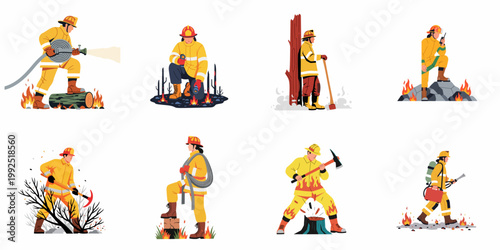 Set of wildland firefighters in yellow protective gear battling forest fires using hoses, axes, and communication tools in a flat vector style.