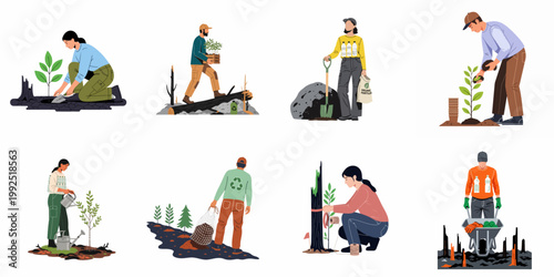 Set of people planting trees and restoring burnt forest areas, environmental conservation and reforestation concept illustration.