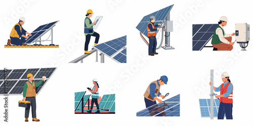 Set of Professional Technicians and Engineers Installing and Maintaining Solar Panels for Sustainable Renewable Energy Production Illustration