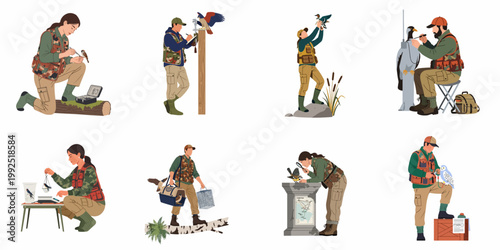 Set of professional ornithologists and wildlife biologists conducting field research, banding birds, and tracking migrations.