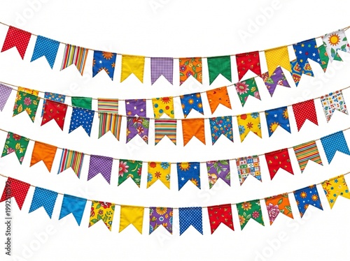 A colorful banner with many small flags hanging from strings on a white background