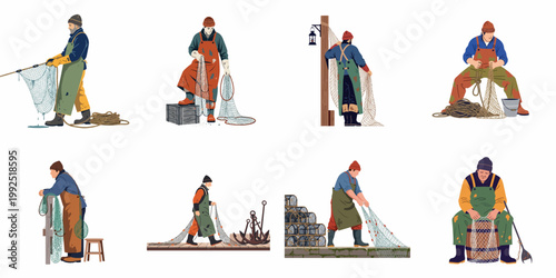 Flat vector illustrations of professional fishermen in various poses working with fishing nets and gear on a white background.