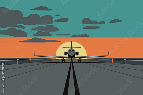 Jet airplane prepares for takeoff at sunset with colorful sky and clouds in the background at the airport