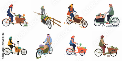 Vector illustration set of women riding cargo bikes filled with groceries, flowers, and vegetables, representing sustainable and eco-friendly urban and rural transport.
