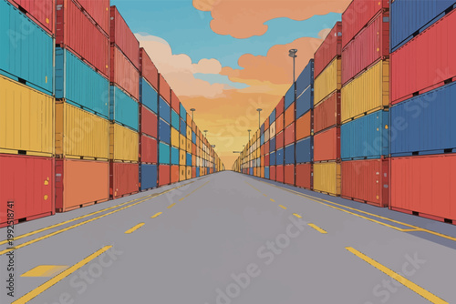Colorful shipping containers line both sides of a road at a port with a sunset sky in the background