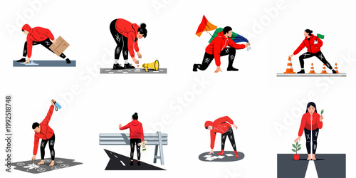 Collection of flat illustrations depicting various peaceful protest and social activism activities performed by young individuals in red hoodies.