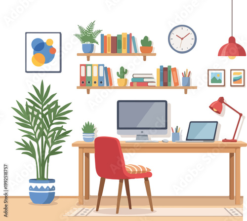 Modern Flat Design Home Office Workspace Interior with Desk, Computer, Shelves and Plants Vector Illustration