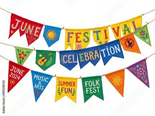A colorful banner with triangular flags celebrating a music and arts festival in June.