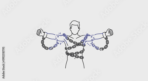 A line drawing of a man with chains wrapped around his body and arms outstretched on a plain background.