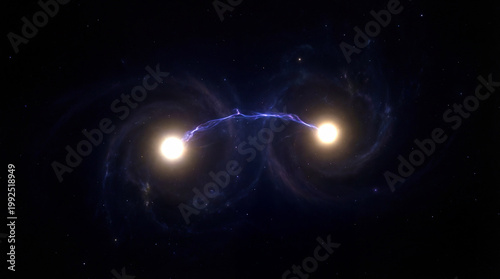 Dark void scene with two radiant points joined by a curved luminous thread of energy