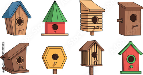 Collection of colorful wooden birdhouses in different shapes and designs for garden decoration and bird nesting vector set isolated
