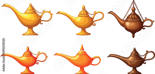 Collection of golden and bronze genie lamps isolated on white background, fantasy Aladdin magic oil lamps decorative vector illustration