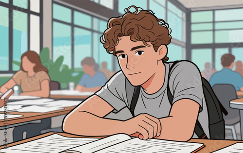 Student studies in a bright classroom during afternoon hours with books and classmates nearby