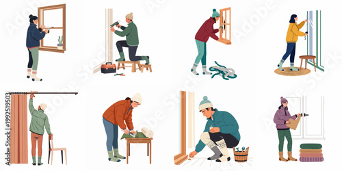 A collection of people performing various home winterization tasks such as sealing windows, installing curtains, and preventing drafts for energy efficiency.