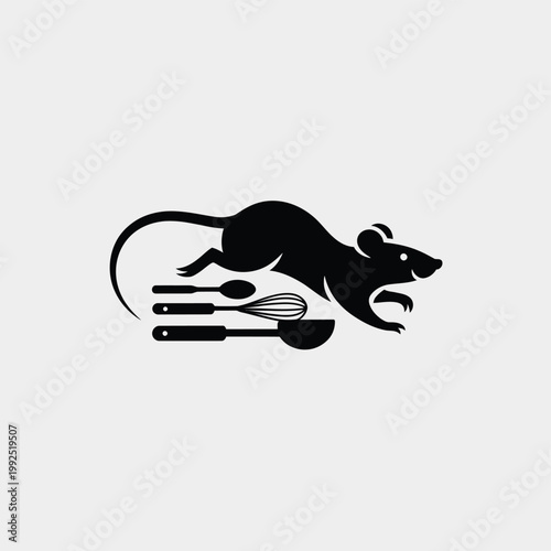 A black silhouette of a mouse running with kitchen utensils