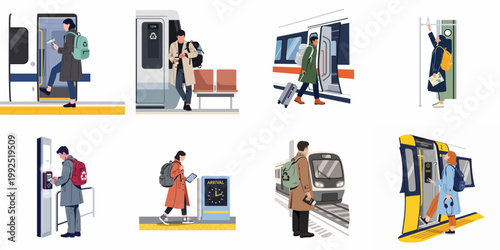 Set of diverse vector illustrations showing people commuting by train, boarding at stations, using digital tickets, and traveling in a modern urban environment.