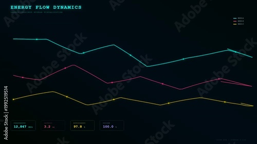 An intricate Energy Consumption Dashboard exhibiting fluid fluctuations of power metrics through neon chromatic vectors as data points migrate across a dark digital interface surface