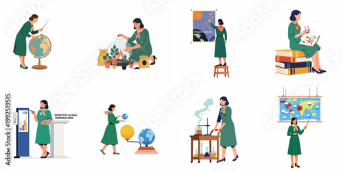 Set of flat vector illustrations depicting a female scientist or teacher presenting and researching topics related to climate change, geography, and earth science.