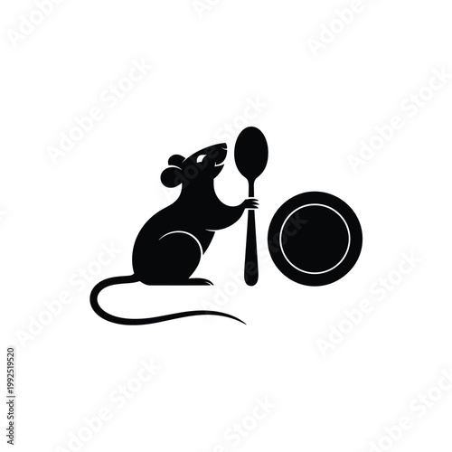 A black silhouette of a mouse holding a spoon near a plate