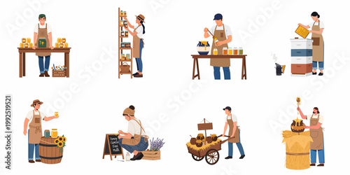 Collection of Beekeepers and Farmers Harvesting, Packing, and Selling Fresh Organic Honey in Various Market Settings