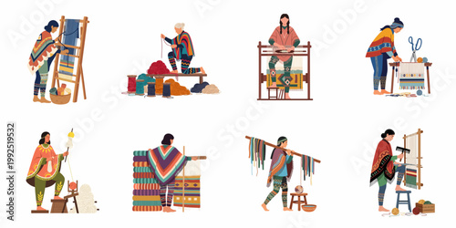 Flat illustration set showing indigenous women engaged in traditional textile weaving, spinning yarn, and loom work, highlighting colorful ethnic patterns and cultural heritage.