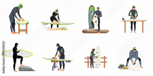 Vector illustrations of surfers in wetsuits waxing and preparing their surfboards for surfing in various indoor and outdoor settings.