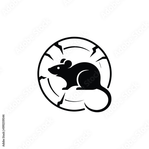 A black silhouette of a hamster inside a circular running wheel