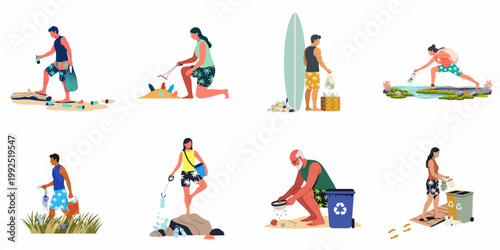 Diverse people collecting plastic waste and trash from beaches and coastal areas for environmental protection and ocean conservation, flat vector illustration set.