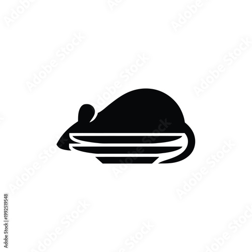 Stylized black silhouette of a mouse with stacked plates below
