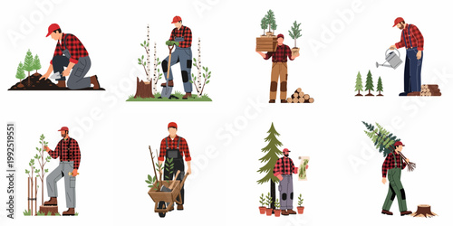 Collection of flat vector illustrations depicting a forester or gardener performing various tasks like tree planting, watering, and forest management.