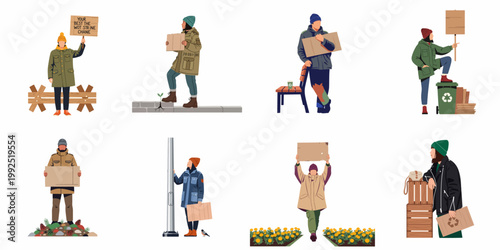 Flat vector illustrations of diverse people holding blank cardboard signs for protest, environmental activism, and social awareness in various outdoor settings.