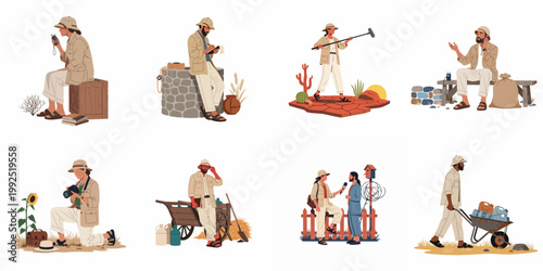 Flat vector illustration collection of researchers and journalists in safari outfits conducting field work, interviews, and documentation in various outdoor environments.